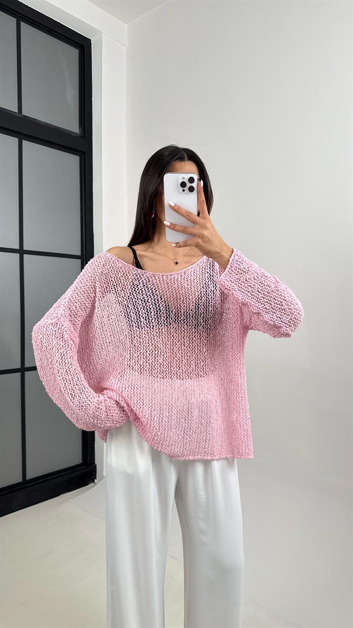 Pembe Ajurlu Triko Bluz Gaus00372