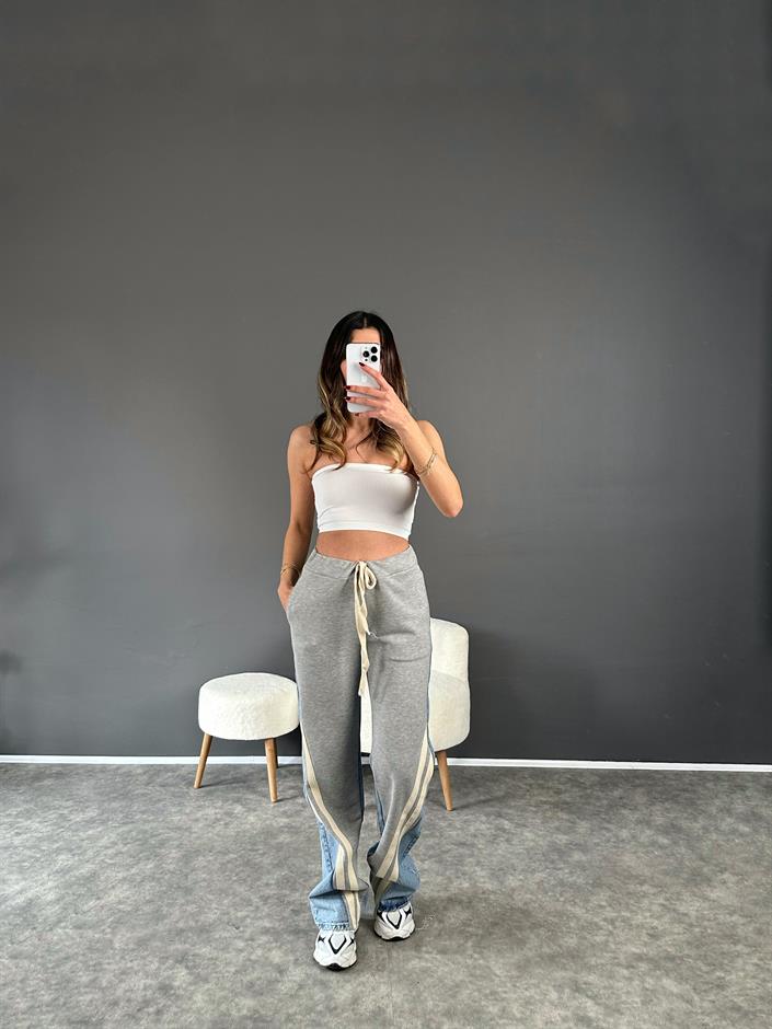 Premium Gri Jean Şerit Detaylı Pantolon