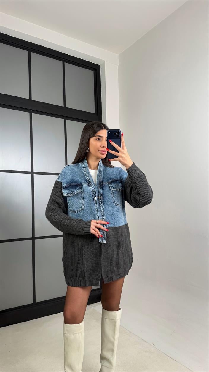 Antrasit Denim Detaylı Triko Hırka GAUS-01002