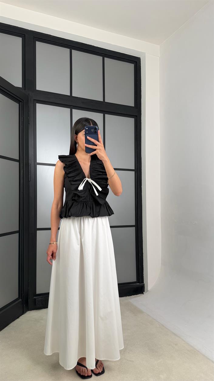Beyaz Beli Lastikli Poplin Etek GAUS-01526