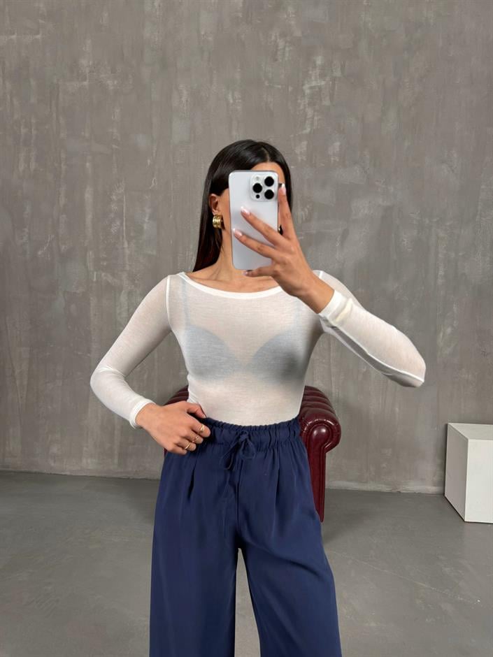 Beyaz Transparan Kaşmir Dokulu Bluz Gaus00272
