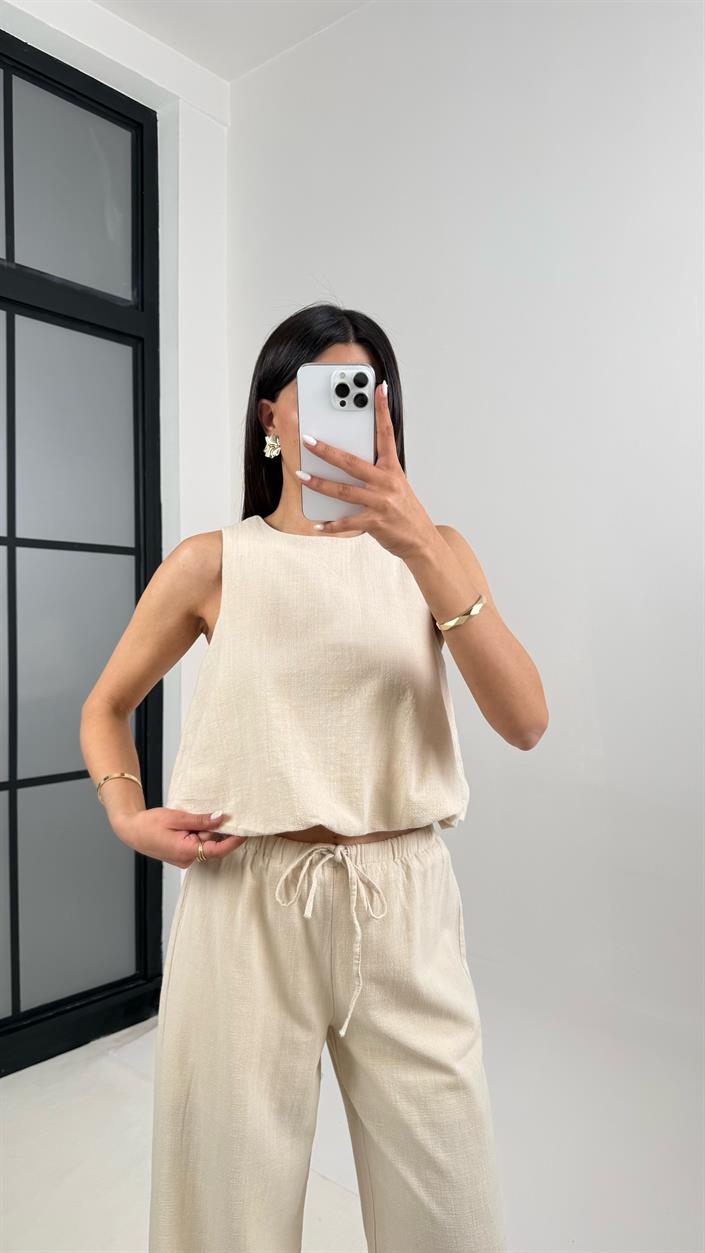 Taş Balon Üst Beli Lastikli Pantolon Astarlı Keten Takım Gaus00353