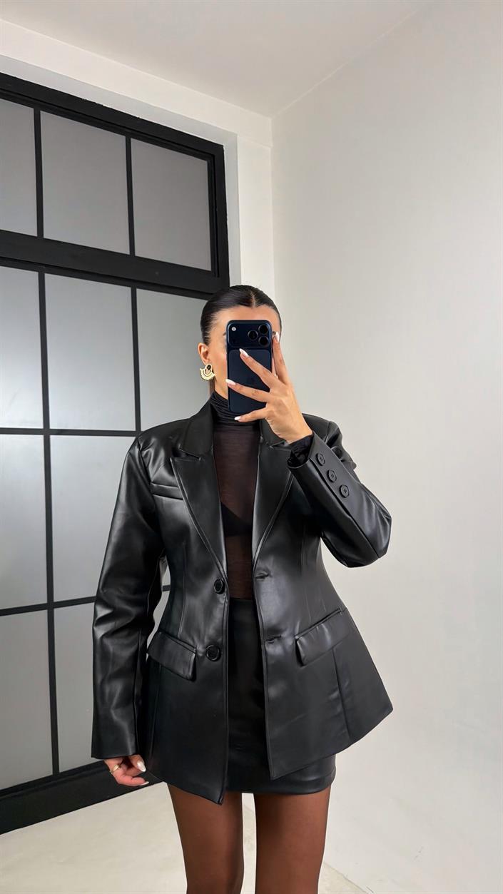 Siyah Astarlı Vatkalı Blazer Ceket Etek Premium Deri Takım GAUS-00657