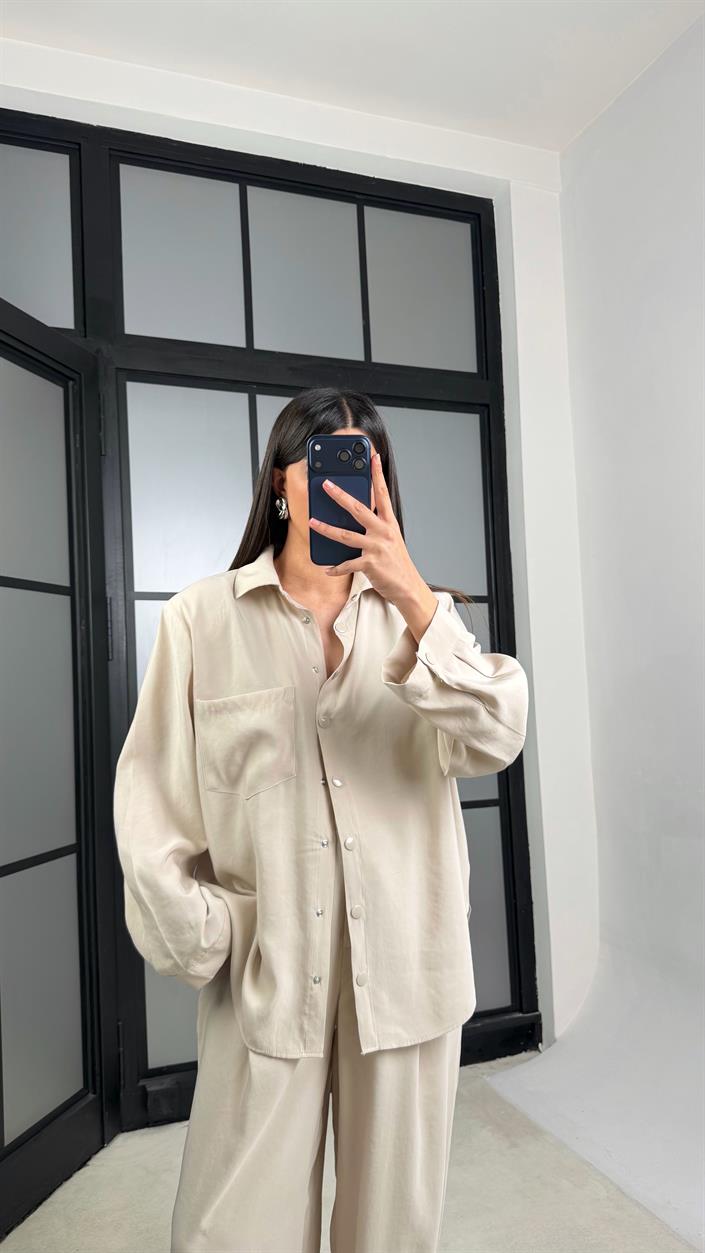 Taş Vatkalı Gömlek Kemerli Pantolon İkili Tencel Takım GAUS-01319