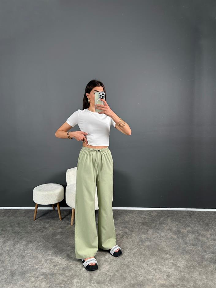 Nia Çağla Yeşili Keten Beli Lastikli Pantolon 