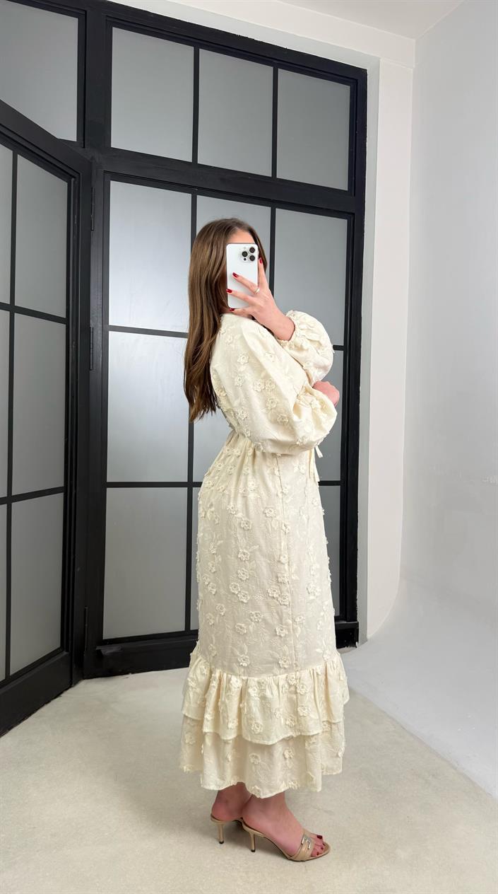 Bej Çiçek Nakış Detaylı Kuşaklı Astarlı Elbise GAUS-01257