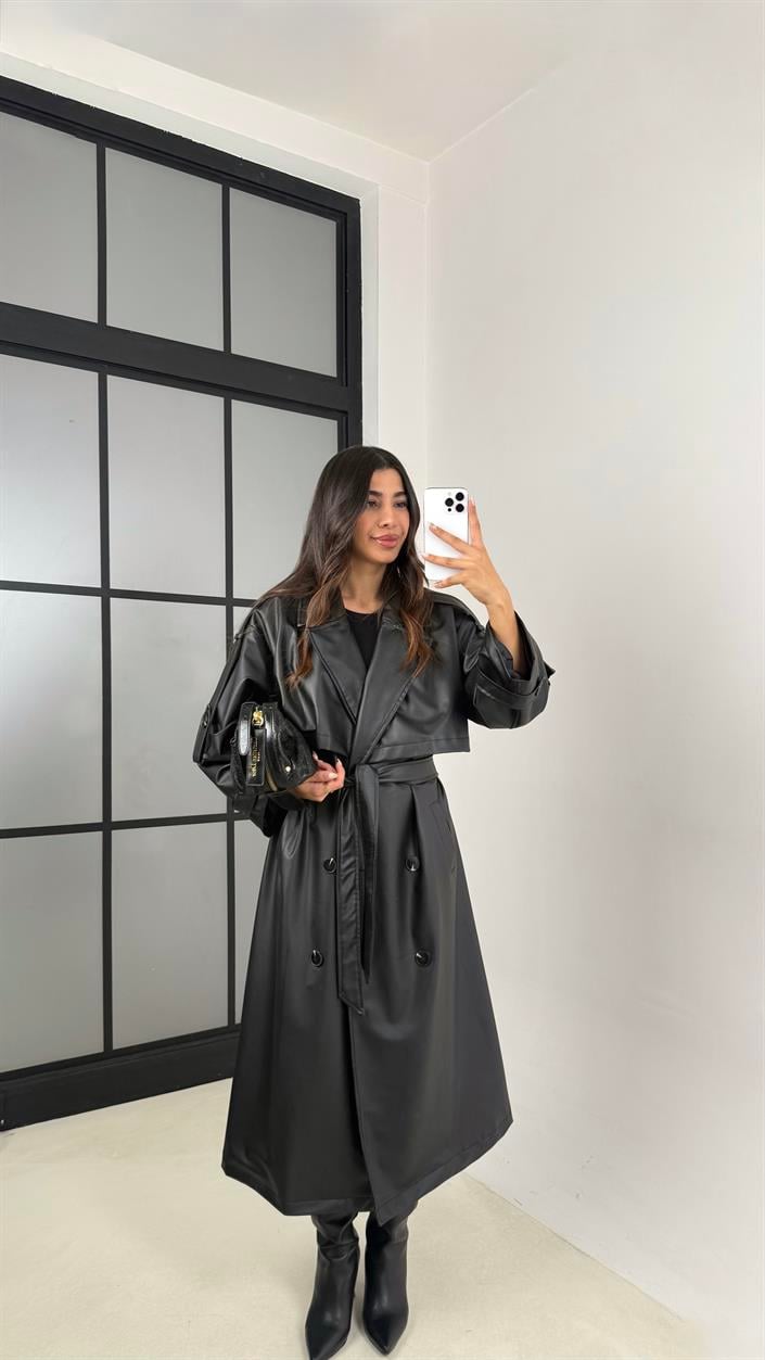 Siyah Kuşaklı Astarlı Premium Deri Trençkot GAUS-00127