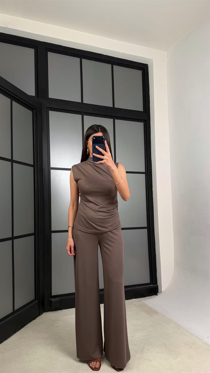 Vizon Sıfır Kol Bluz Beli Lastikli Pantolon Modal Takım GAUS-01348