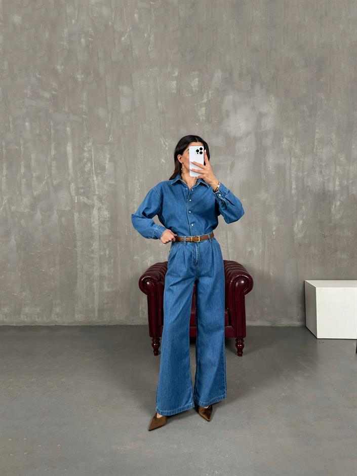 Açık Mavi Çıtçıt Düğmeli Gömlek Pantolon Denim Takım Gaus0002