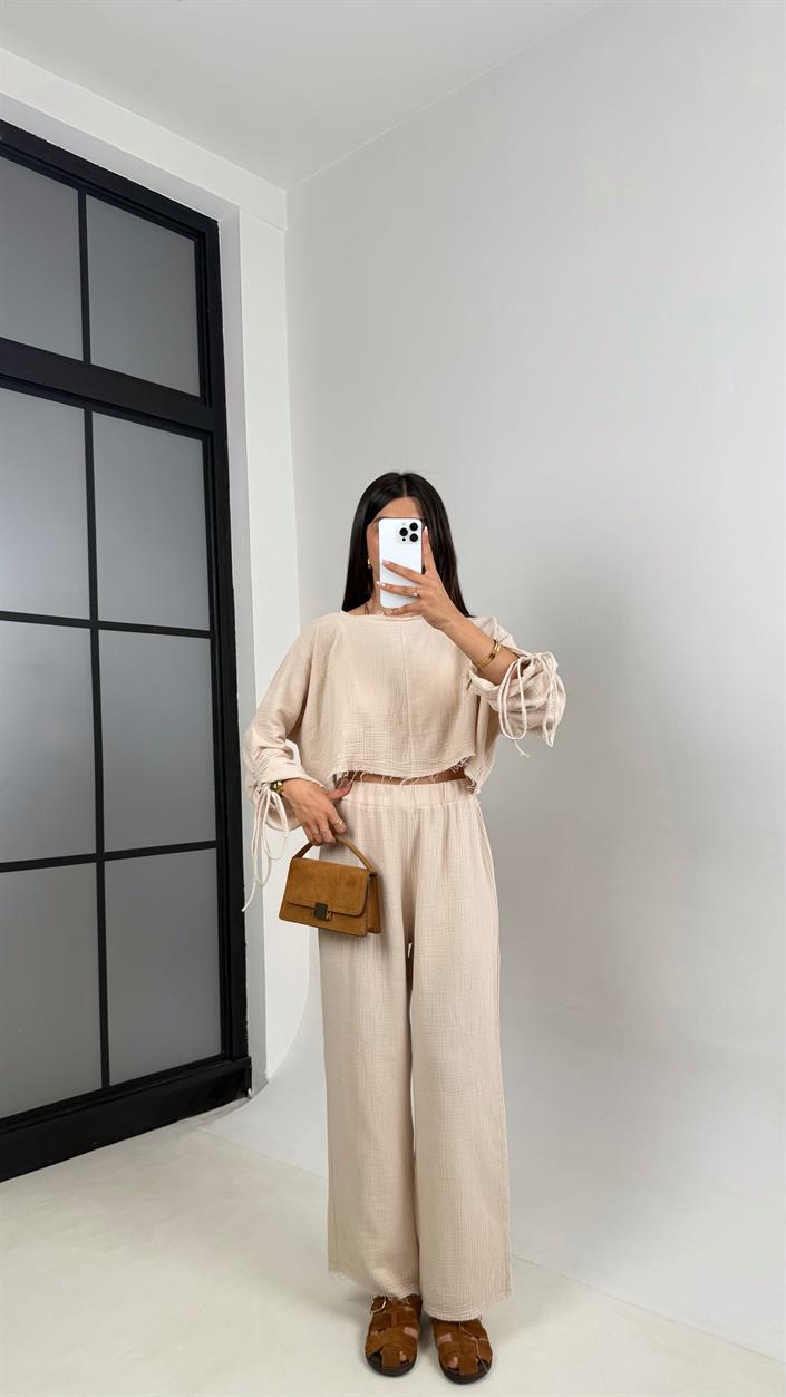 Taş Kol Büzgülü Crop Beli Lastikli Pantolon Tasarım Müslin Takım Gaus00581