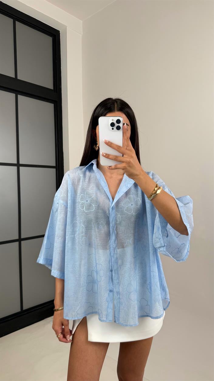Mavi Çiçek Desenli Tencel Gömlek Gaus00544