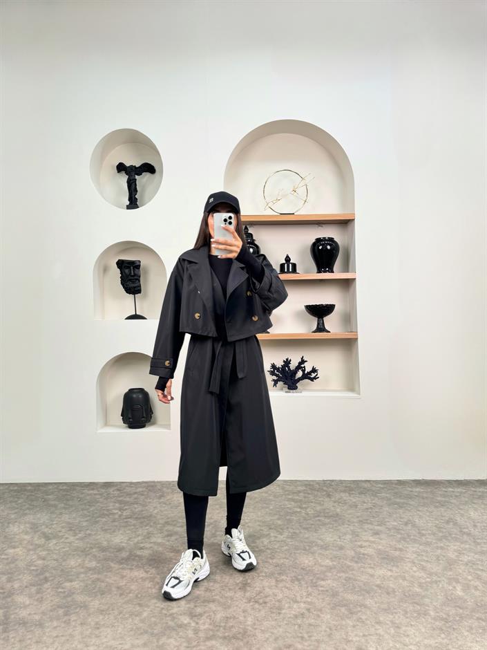 Espe Siyah Premium Astarlı İkili Sihirli Trençkot