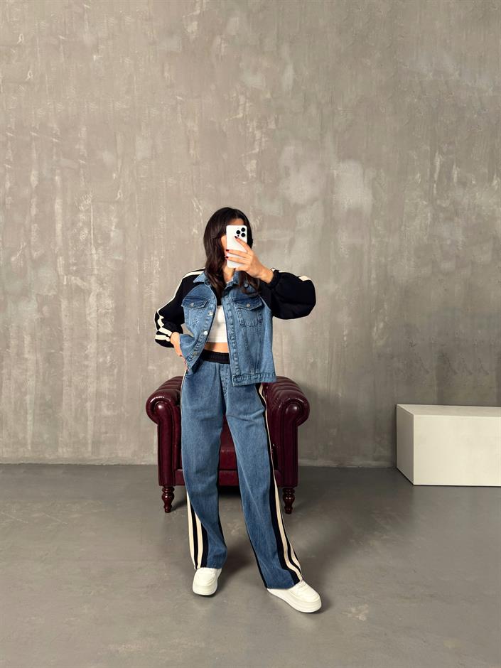 Gong Siyah Denim Karışımlı Şeritli Takım