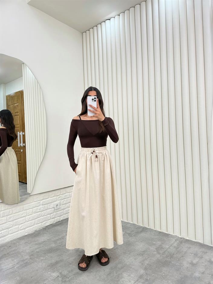 Taş Beli Lastikli Cepli Keten Etek Gaus00298