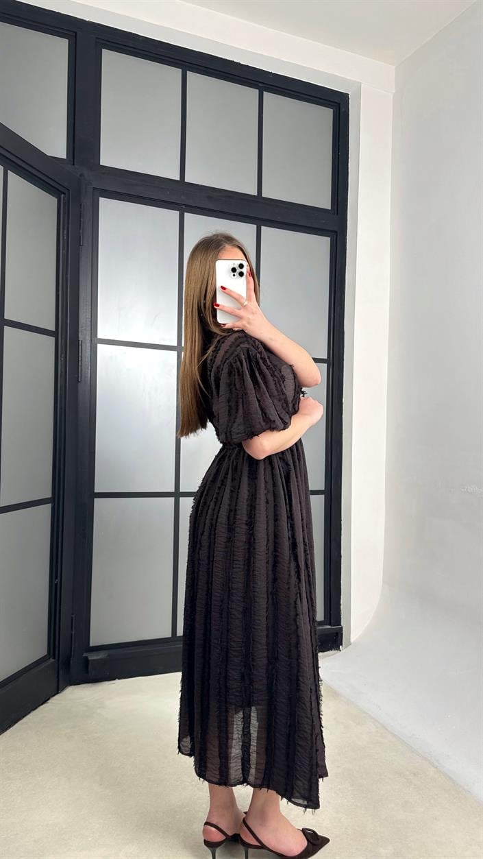 Acı Kahve Püsküllü V Yaka Balon Kol Elbise GAUS-01232