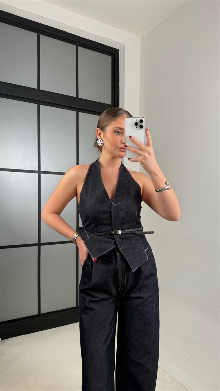 Lacivert Kemerli Yelek Pantolon İkili Denim Takım GAUS-00997