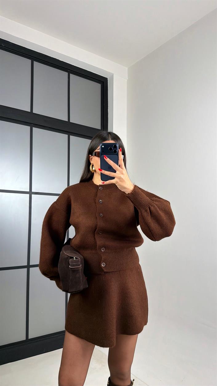 Kahve Hırka Beli Lastikli Etek İkili Triko Takım GAUS-00899