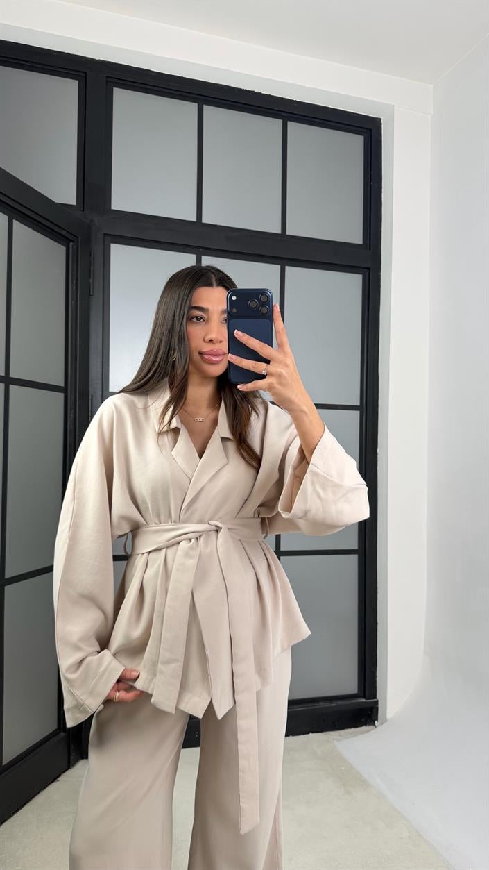 Taş Kuşaklı Ceket Beli Lastikli Pantolon Tencel Takım GAUS-01128