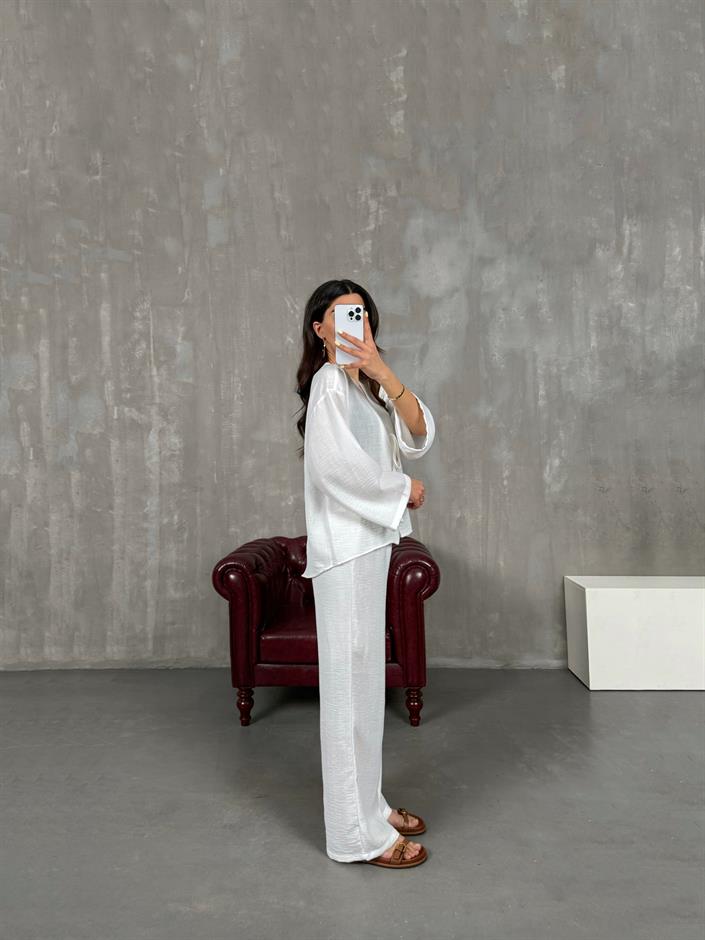 Beyaz Önden Bağlamalı Keten Kimono Takım Gaus00101
