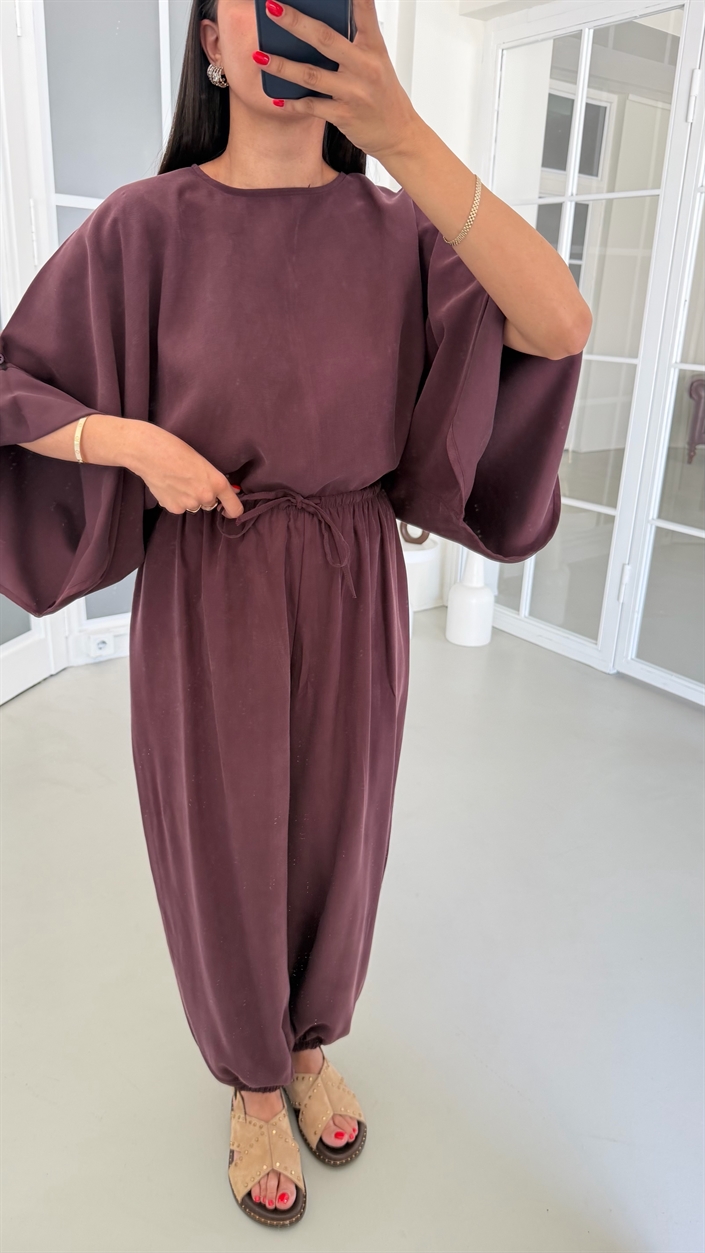 Mürdüm Yarasa Kol Bluz Beli Lastikli Şalvar Pantolon İkili Tencel Takım GAUS-01840