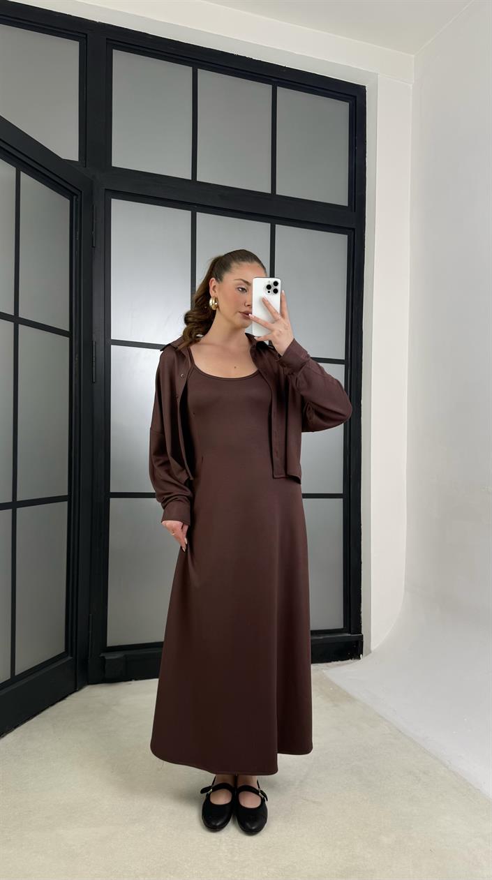 Kahve Gömlek Elbise İkili Modal Kumaş Takım GAUS-01218
