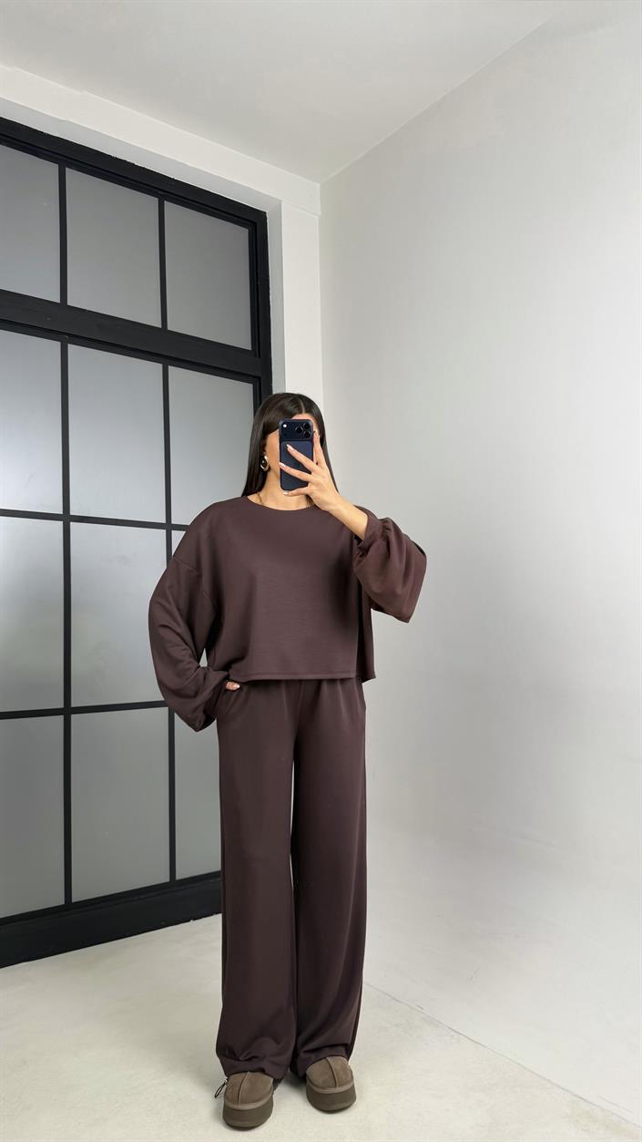 Acı Kahve Gold Tokalı Pelerin Bluz Beli Lastikli Pantolon Modal Kumaş Takım GAUS-00871