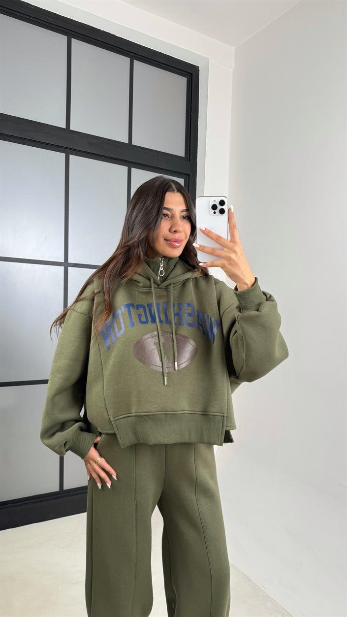 Haki Kapüşonlu Sweatshirt Beli Lastikli Pantolon 3 İplik Şardonlu Takım GAUS-00530