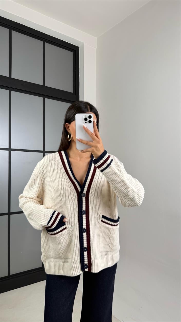 Ekru Şerit Detaylı Örgü Triko Hırka GAUS-00536