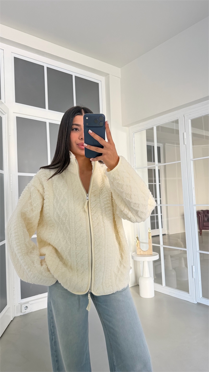 Krem Fermuarlı Polar Sweatshirt GAUS-02061