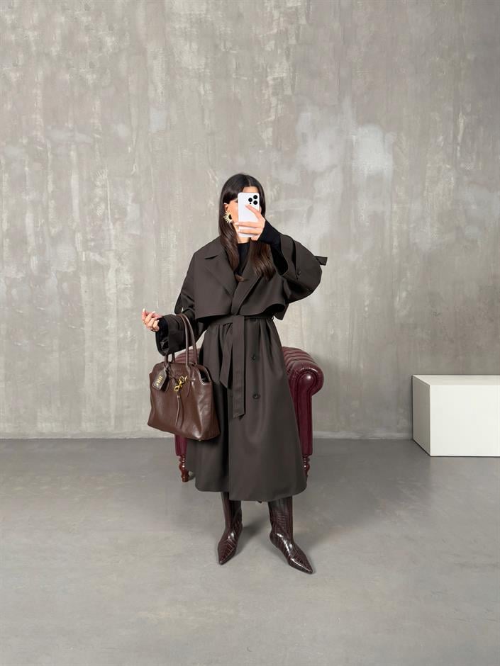 Elsa Acı Kahve Kuşaklı Poliviskon Astarlı Tasarım Premium Trençkot