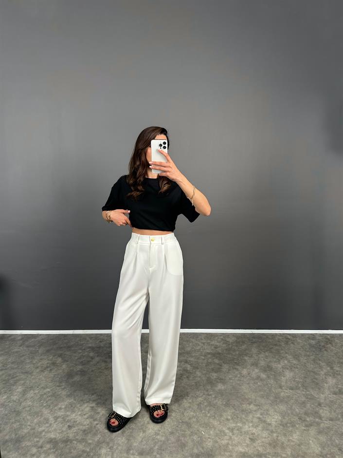 Beyaz GK Gold Düğmeli Beli Lastikli Pantolon 