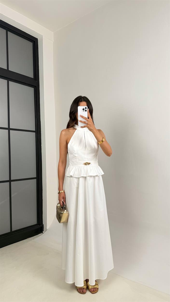 Beyaz Gold Toka Detaylı Bluz Beli Lastikli Etek İkili Takım Gaus00678