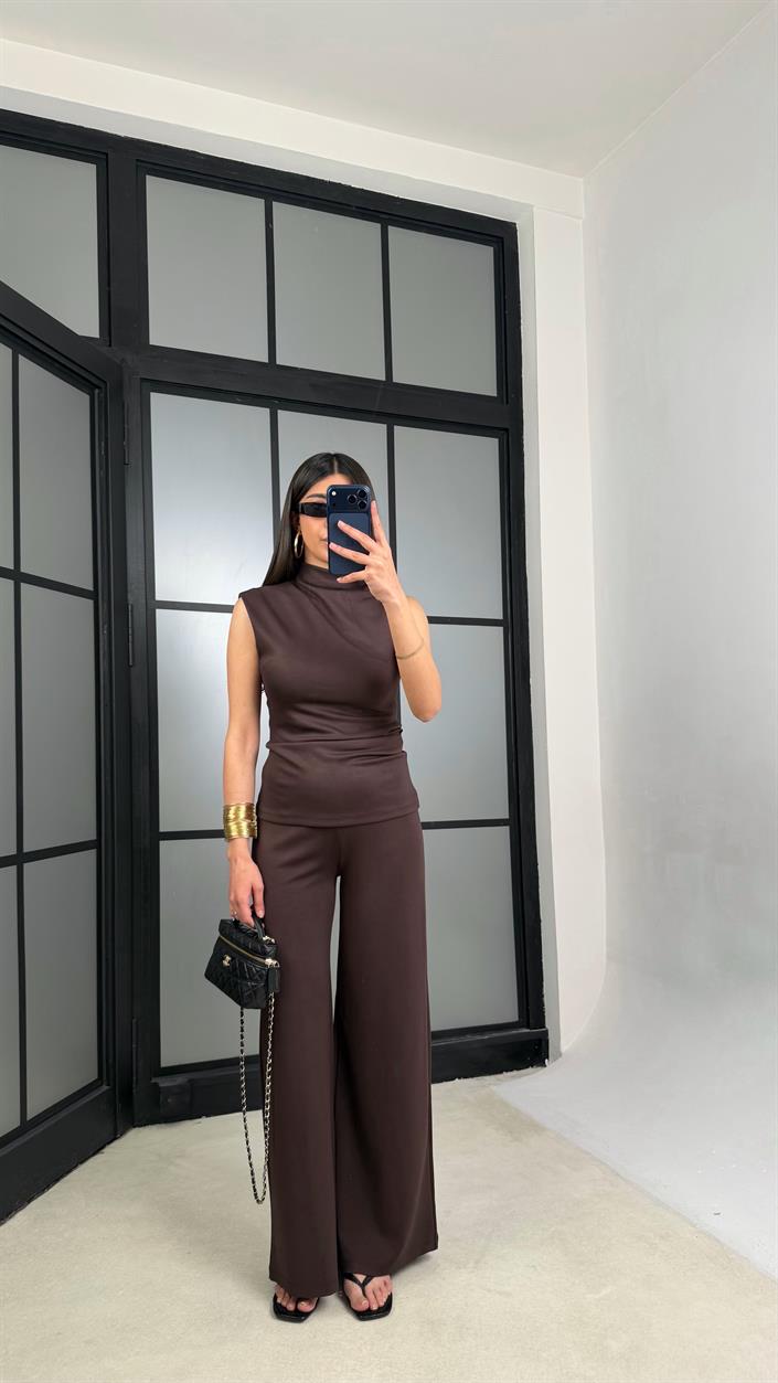 Kahve Sıfır Kol Bluz Beli Lastikli Pantolon Modal Takım GAUS-01348