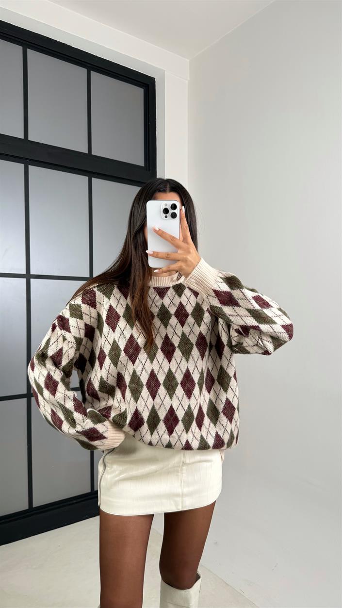 Krem Baklava Desenli Vintage Kazak GAUS-00509