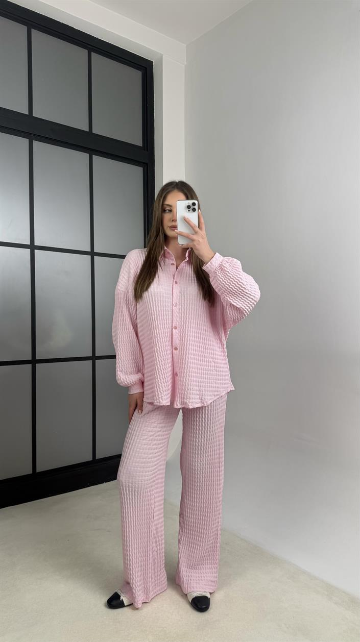 Pembe Gömlek Beli Lastikli Pantolon İkili Bürümcük Takım GAUS-01089