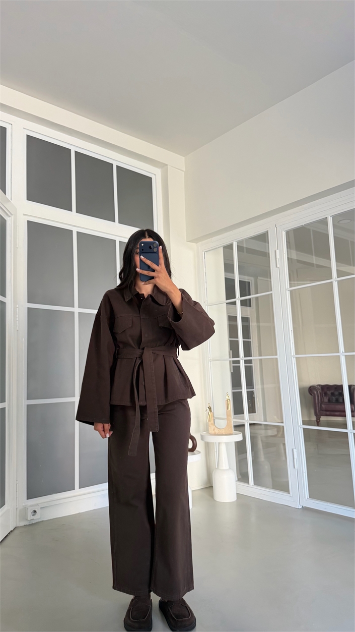 Kahve Kuşaklı Denim Takım GAUS-02078