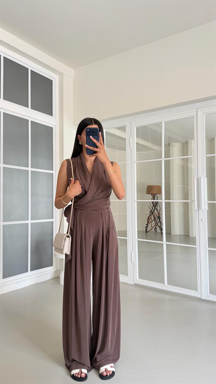 Kahve OYS Model Bağlama Detaylı Bluz Beli Lastikli Pantolon İkili Modal Takım GAUS-01662