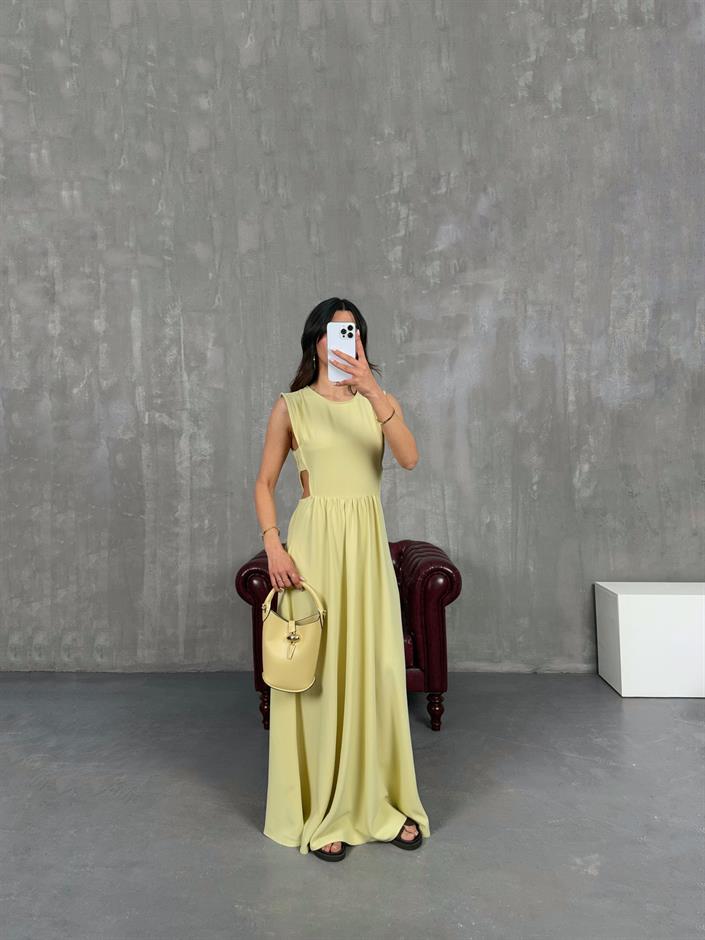 Sarı Yan Dekolteli Keten Elbise Gaus00255