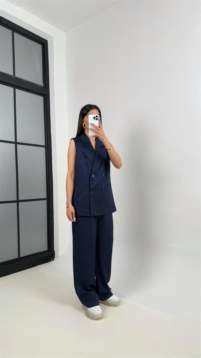 Lacivert Önü Düğmeli Astarlı Yelek Beli Lastikli Pantolon Tencel Premium Takım Gaus00366