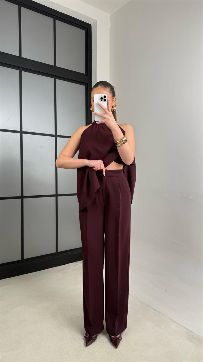 Mürdüm Sıfır Kol Bluz Beli Lastikli Pantolon İkili Premium Takım GAUS-00984
