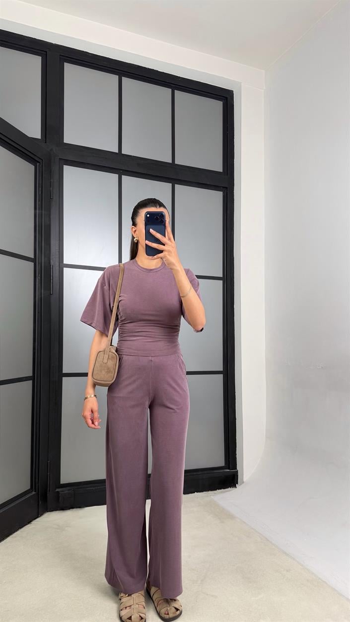 Mürdüm Bluz Beli Lastikli Pantolon Modal Muadil Takım GAUS-01547