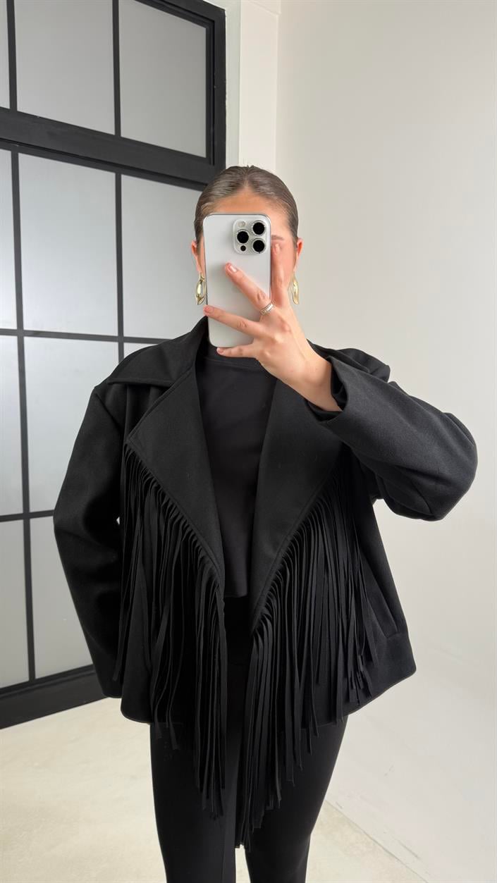 Siyah Püskül Detaylı Astarlı Kaşe Ceket GAUS-00622