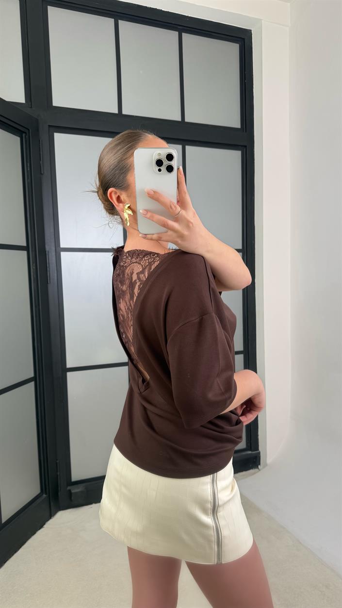 Kahverengi Arkası Dantel Detaylı Modal Tshirt gaus-01211