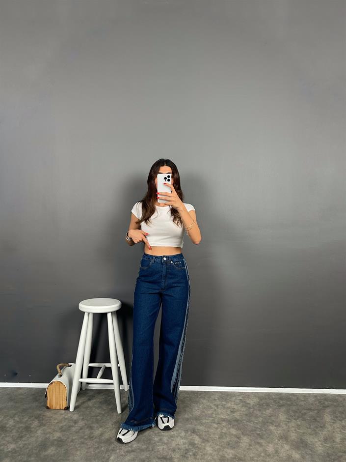 Drew Night Blue Püsküllü Denim Wide Leg Jean