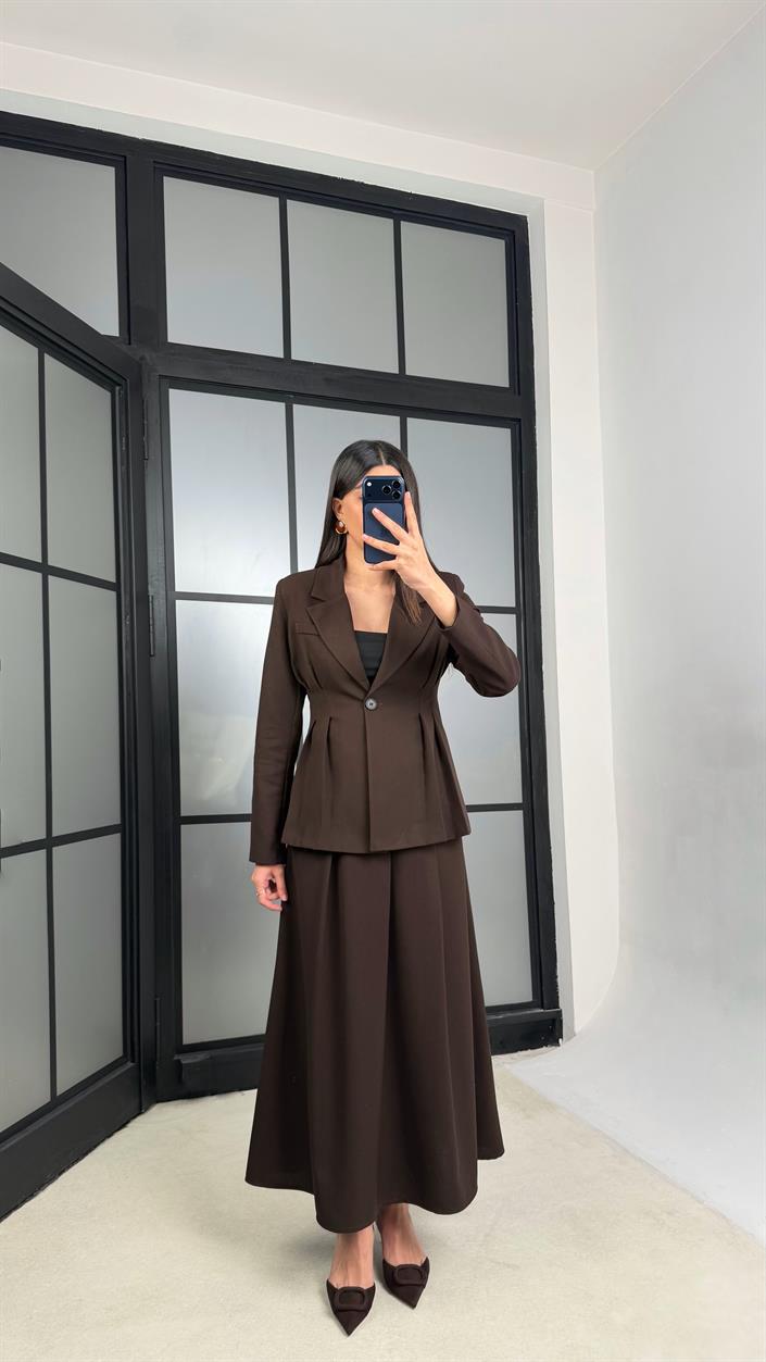 Acı Kahve Belden Oturtmalı Astarlı Vatkalı Ceket Cepli Etek Premium Takım GAUS-01290
