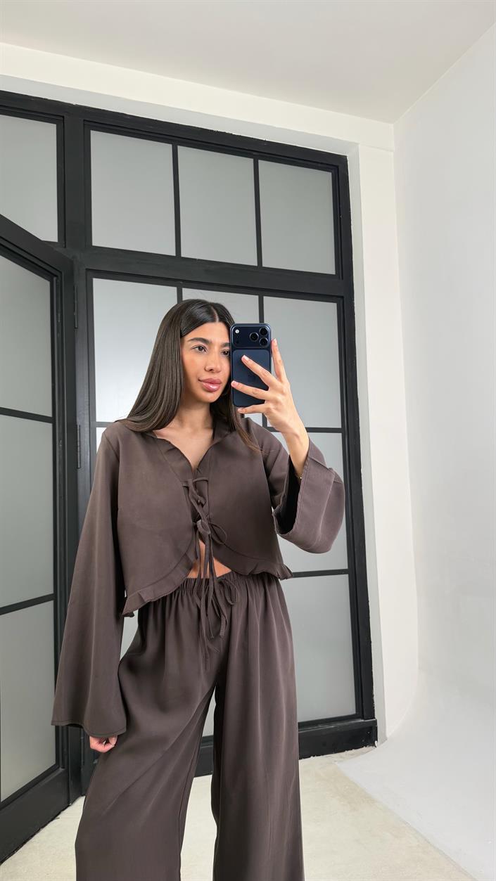 Acı Kahve Önden Bağlamalı Gömlek Beli Lastikli Pantolon İkili Tencel Takım GAUS-01336