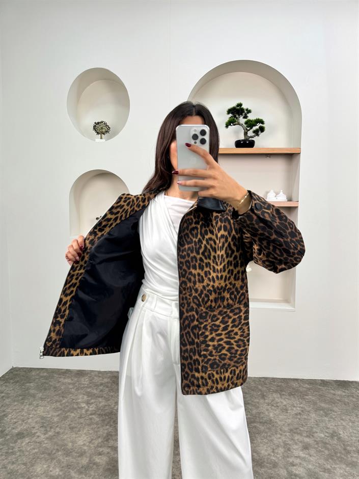 Misty Taba Leoparlı Yandan Cepli Fermuarlı Ceket