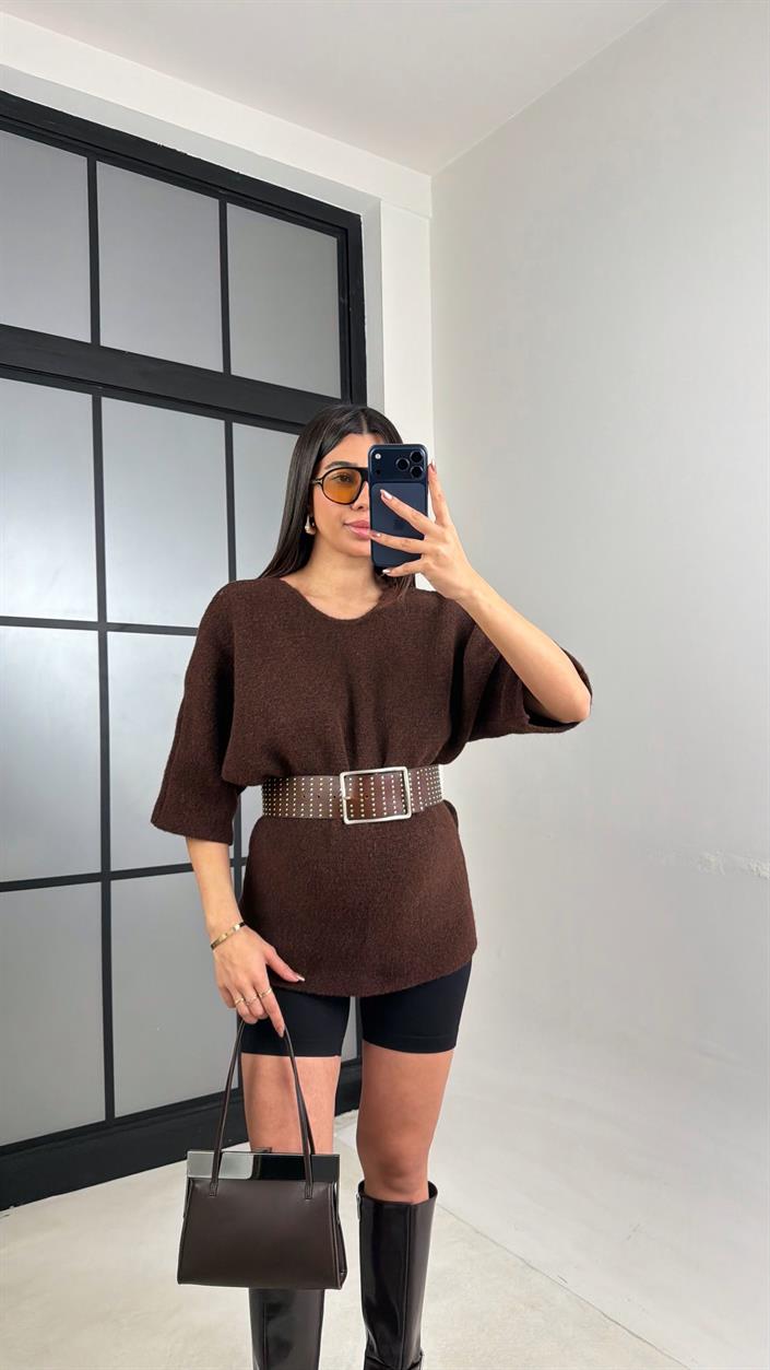 Kahve Arkası Dantel Detaylı Kazak GAUS-01091