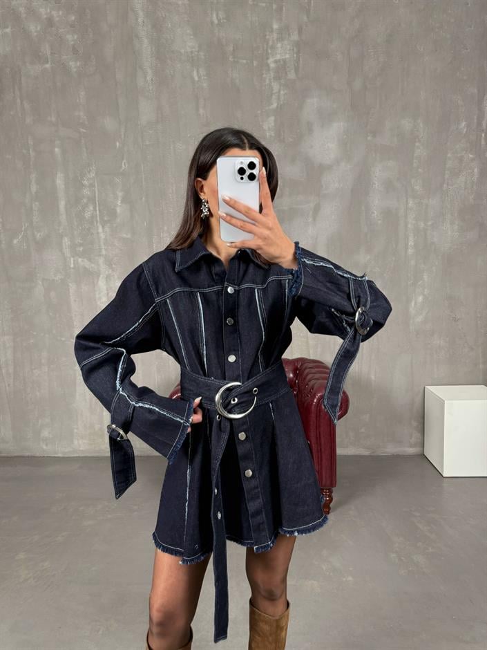 Karla Koyu Füme Kemerli Denim Elbise