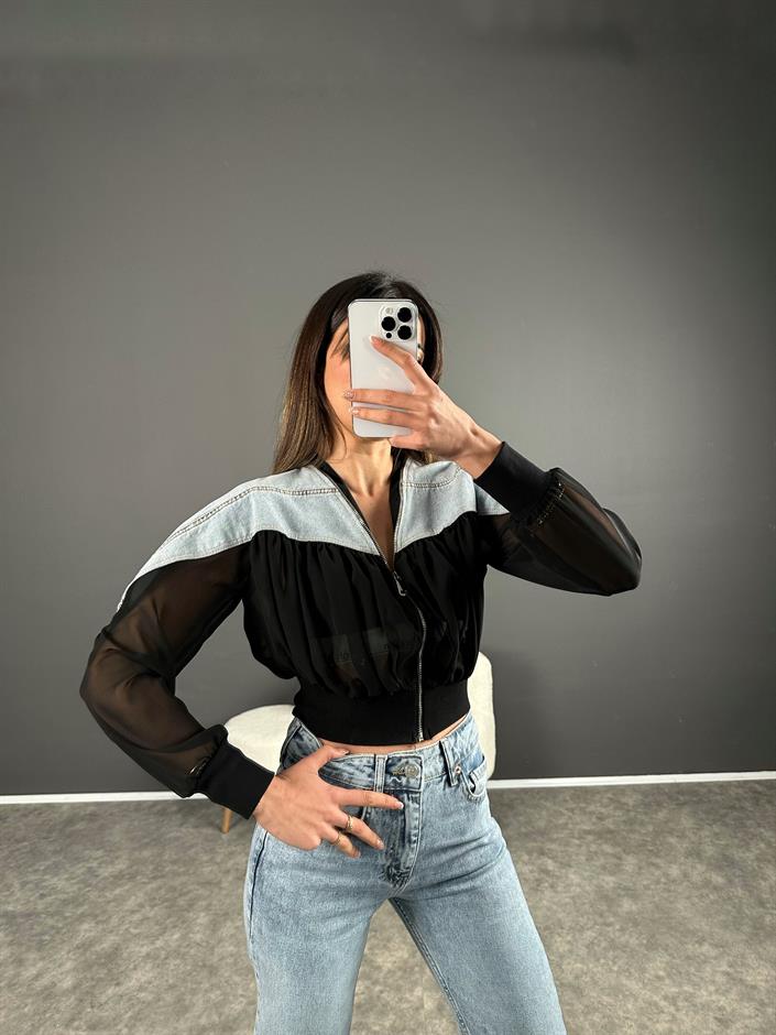 Siyah Denim Detaylı Tül Ceket 